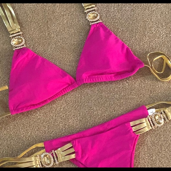 NWT competition hot pink tassel jewel diamond halter string bikini gold side - Picture 5 of 14